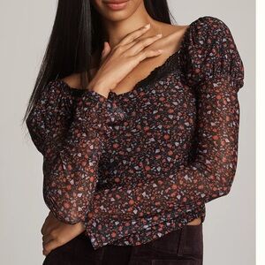 Anthropologie Maeve Mutton Sleeve Mesh Lace Scoop Neck Ditsy Floral Top Sz M